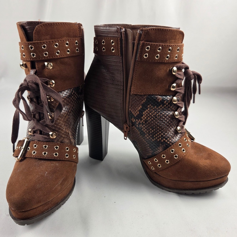 Swede Ankle Boots Snake Patern Buckle Zipper High Heals Brown Size US 9.5 UK 7.5